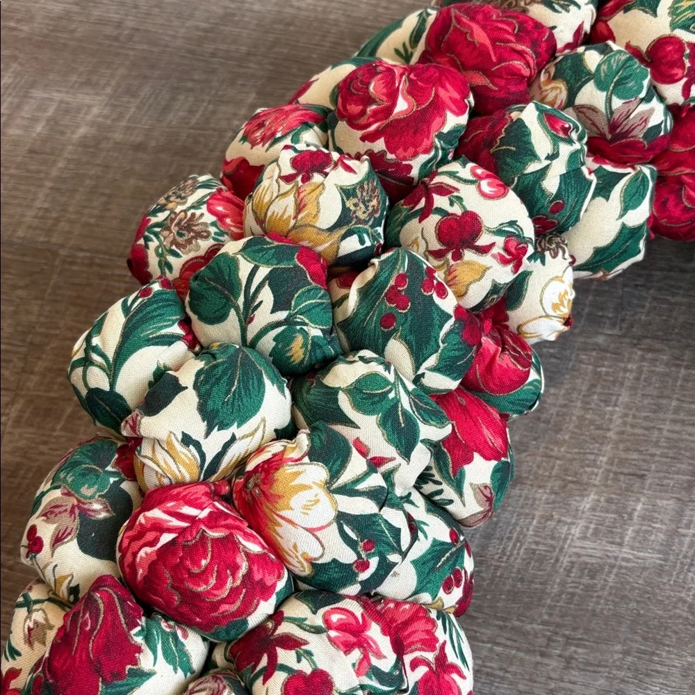 Festive Floral Holiday Wreath with Red Bow Handmade Stuffed Fabric Red 18”